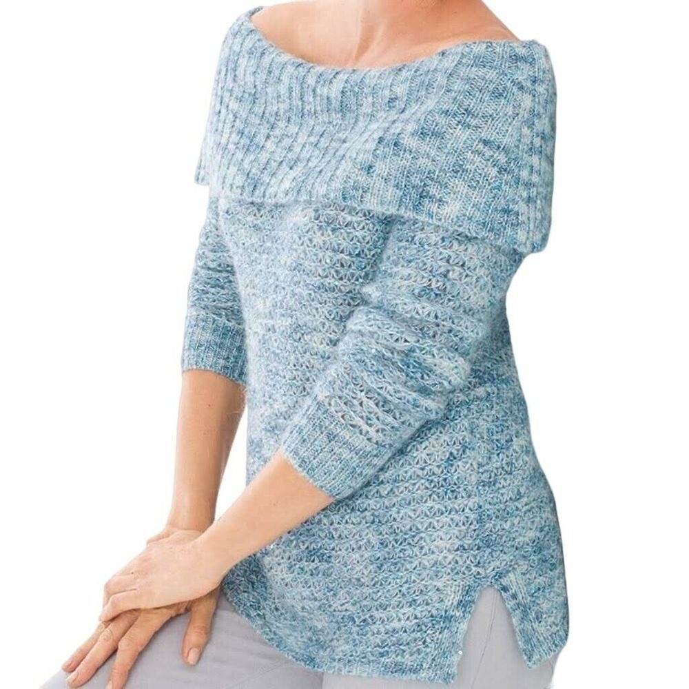 Chicos Womens Boho Coastal Mohair Blend Sequin Sweater 3 XL Blue Cowl Neck
